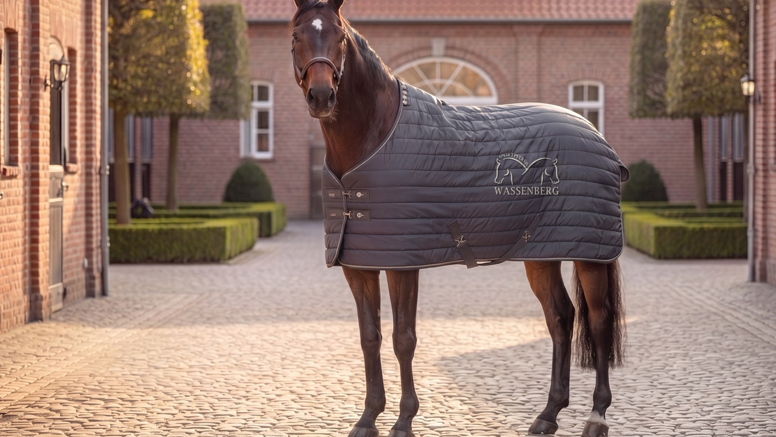 Brauner Wallach mit Decke im gepflasterten Stallhof